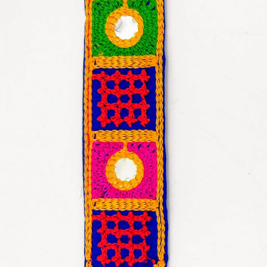 Indian Royal Blue Cotton Fabric Mirror Trim Embroidered in Red, Yellow, Green and Pink